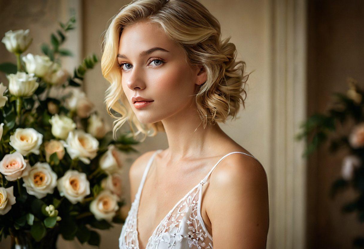 An elegant studio setting featuring a blonde model with soft natural light accentuating her features, surrounded by delicate floral arrangements symbolizing beauty and intimacy. The composition showcases a tasteful and artistic portrayal of her form, reflecting both confidence and grace. The background is subtly blurred to keep focus on the model, capturing the essence of celebration and artistry in adult visuals. soft focus, warm tones, artistic lighting, super-realistic.